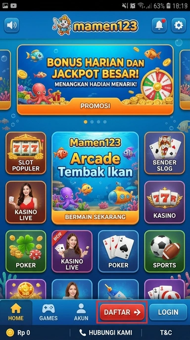 Tampilan antarmuka pengguna mamen123 yang sederhana dan menarik.